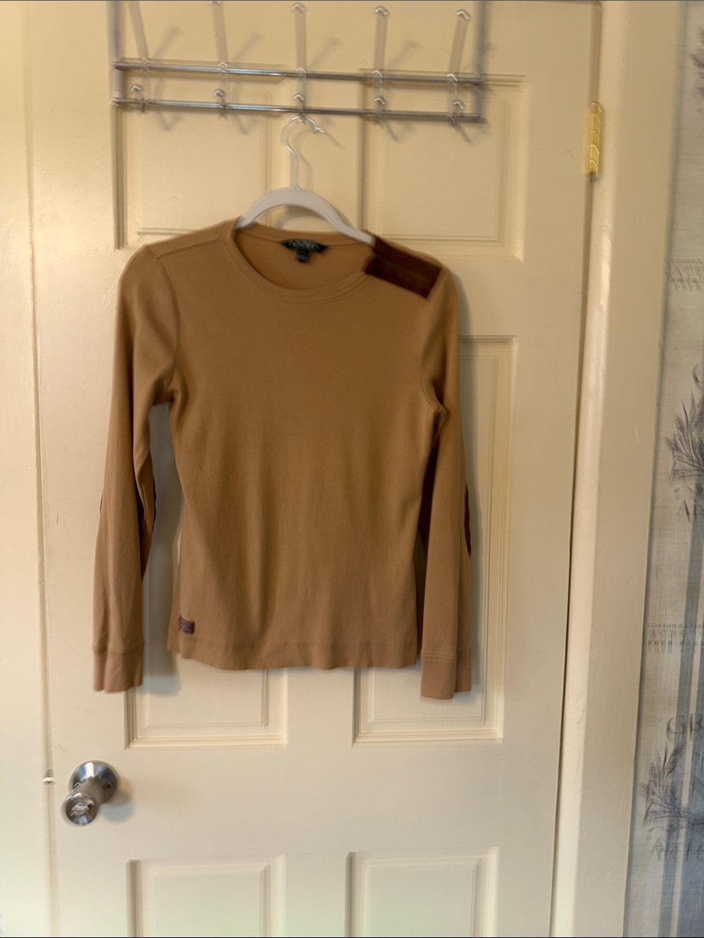 Lauren Ralph Lauren Camel Crewneck Sweater with Contrast Shoulder Patch